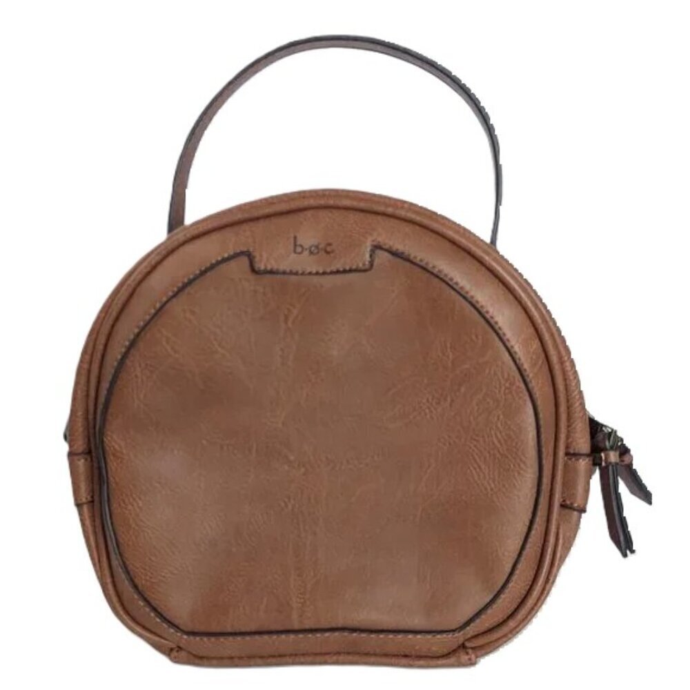 Round Bag Circular BOC‎ Vegan Leather Brown Cosmetics Makeup Tote Purse